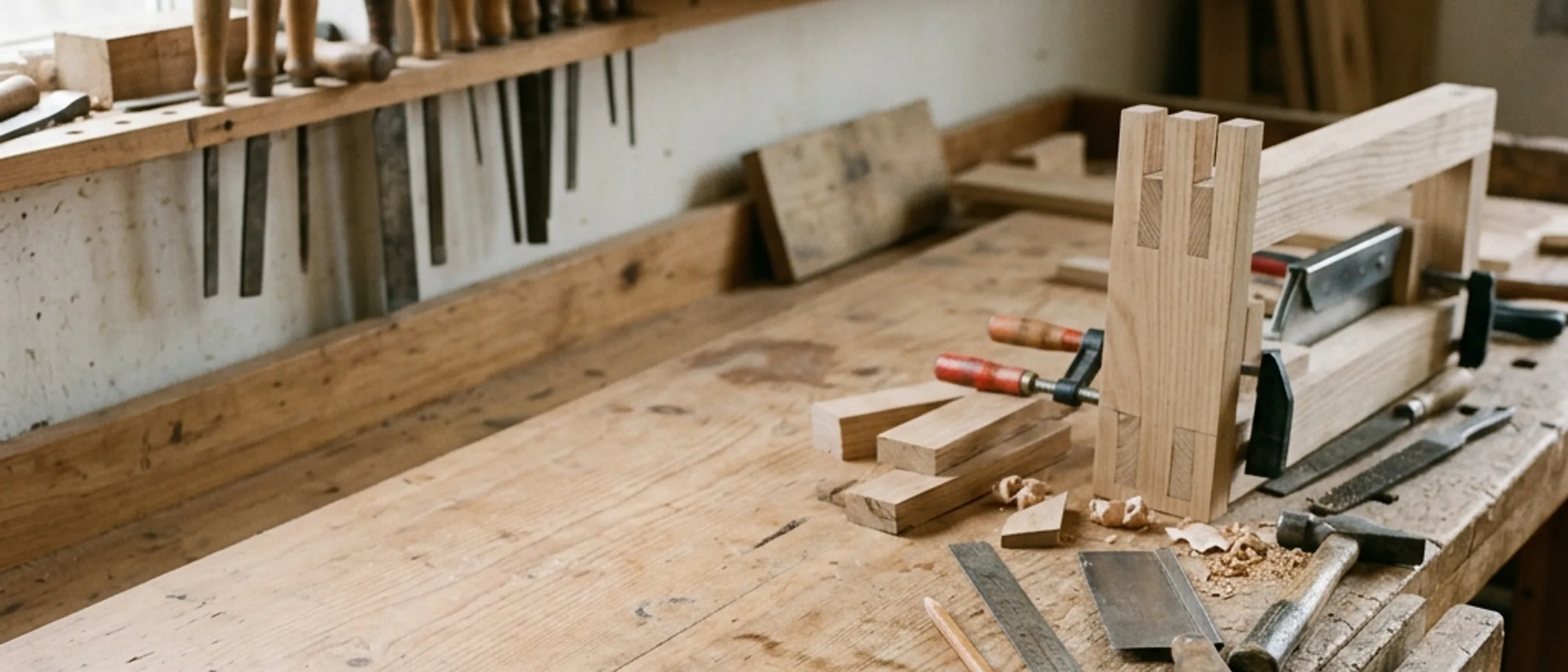 A wide view of a small workshop bench with tools and timber details.